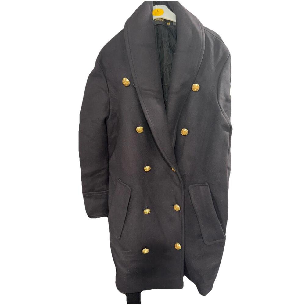 BalmainXH&M Black Wool Pea Coat Gold Buttons Womens Size 8